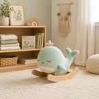 Juju Rocking Whale Soft Velour Rocker – Mint Cushioned Whale on Natural Beechwood Base with Painted Star Accents – Cozy Nursery Decor Accent – Embroidered Sleepy Face Design