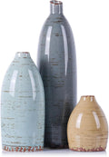 Ceramic Vase Set of 3 - Modern Coastal Rustic Home Decor Flower Vases for Living Room, Kitchen Island, Dining Table Centerpiece Decor, Office Shelf, Fireplace Mantle Decorations (Multicolor Mix)