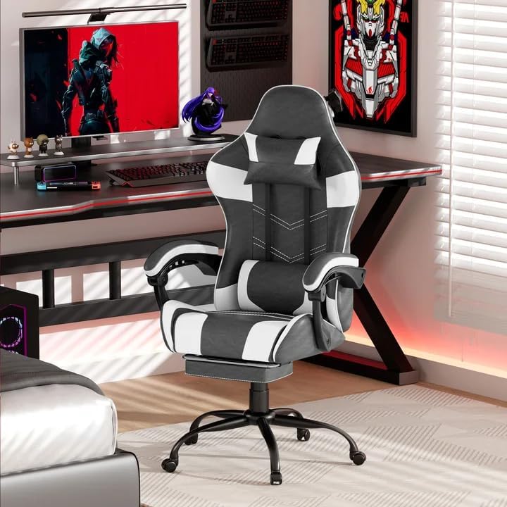 Gaming Chair with Footrest, Ergonomic Video Game Chair with Headrest and Lumbar Support, 400 lbs Adult Chair, Height Adjustable 360° Swivel High Back Reclining Computer Chair for Home Office (White)
