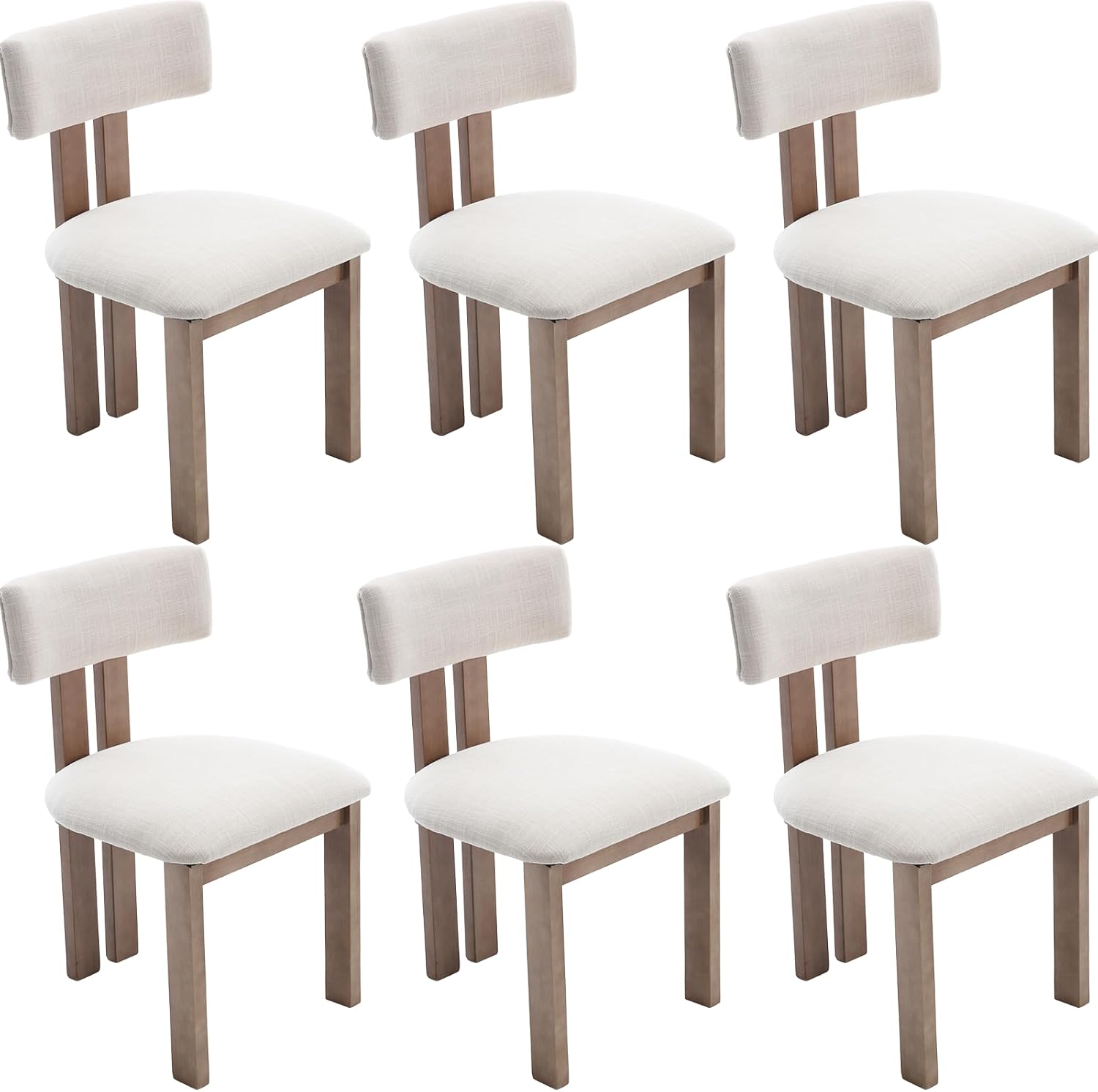 Kmax Farmhouse Dining Chair Set of 6, Linen Fabric Dining Room Chair Curved Backrest Armless Kitchen Chairs with Walnut Wood Legs for Family Diner, Beige