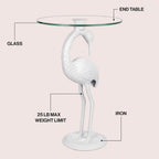 JONATHAN Y Blanche 25" White Iron and Glass Flamingo End Table with Sculptural Base, Round Accent Side Table for Living Room, Bedroom, Coastal Decor, White END1006C