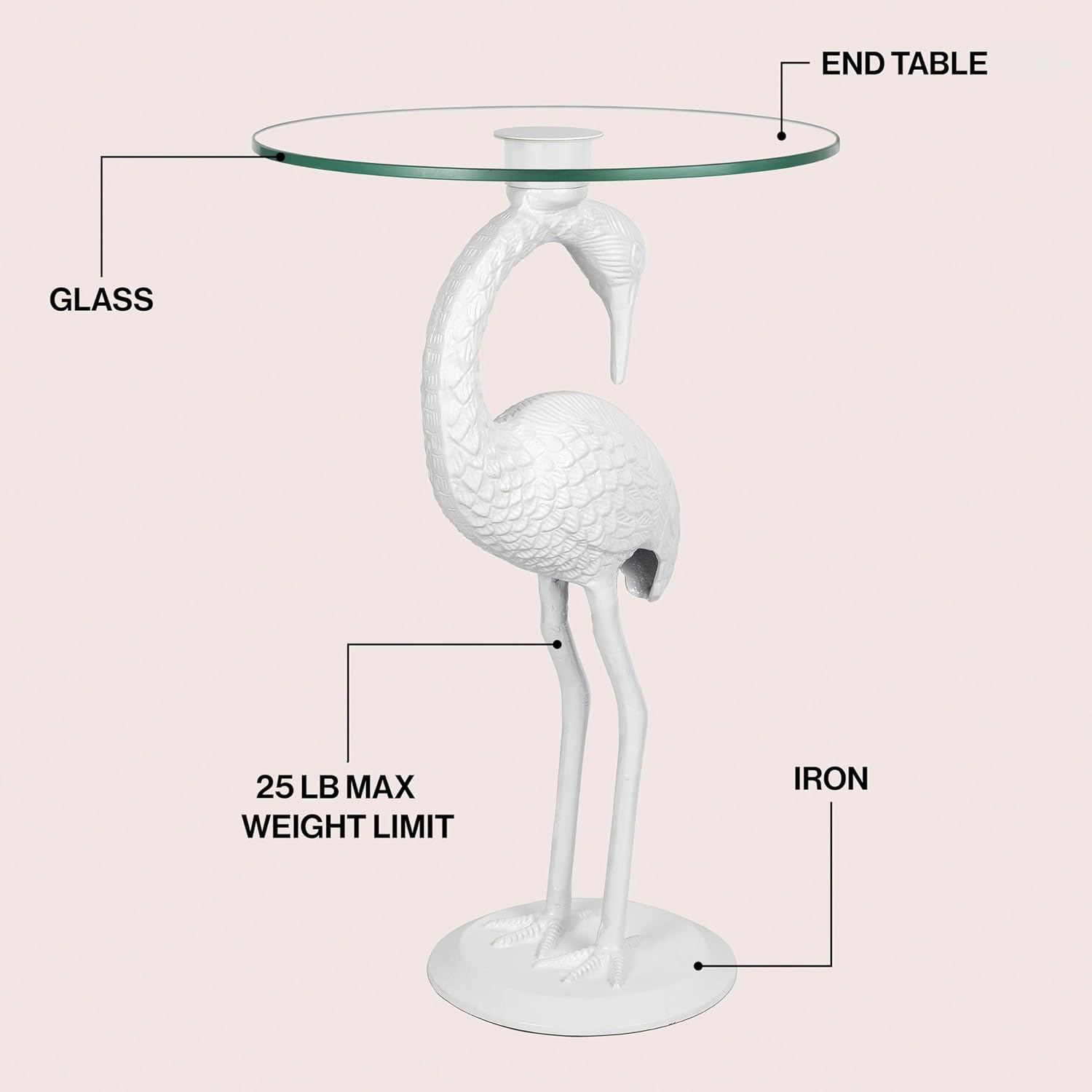 JONATHAN Y Blanche 25" White Iron and Glass Flamingo End Table with Sculptural Base, Round Accent Side Table for Living Room, Bedroom, Coastal Decor, White END1006C