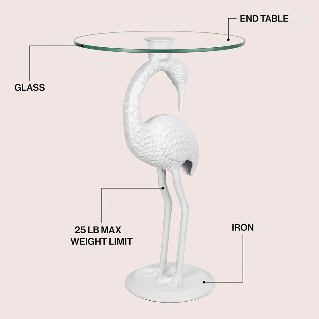 Eyely DNE1006C Maxine 25" Classic Mid-Century Glass Top Flamingo End Table for Living Room, Bedroom, Office, Bathroom, White