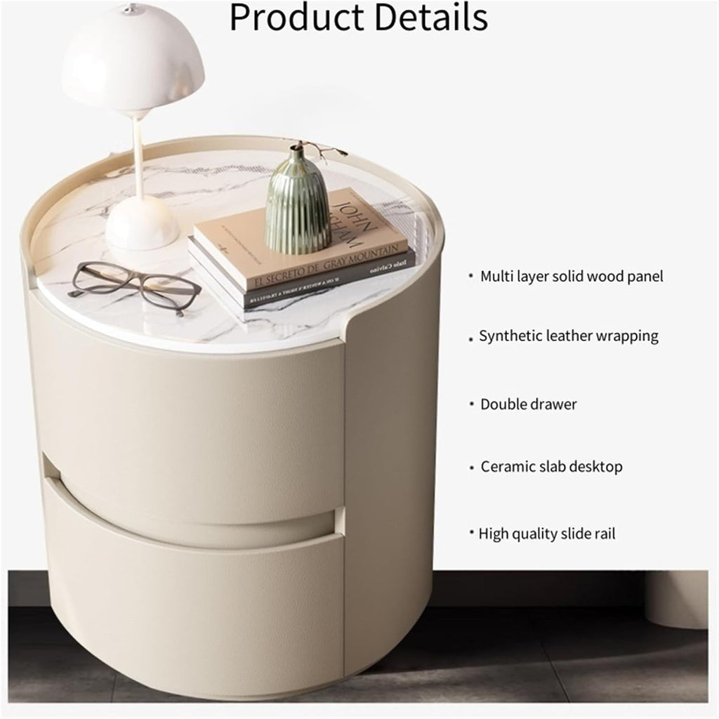 Modern Round Nightstand with 2 Drawers Wooden Bedside Table Minimalist Night Stand with Storage End Table Side Table for Interior ﻿ Living Room Multi Scenario Use(White,45x45x50cm)