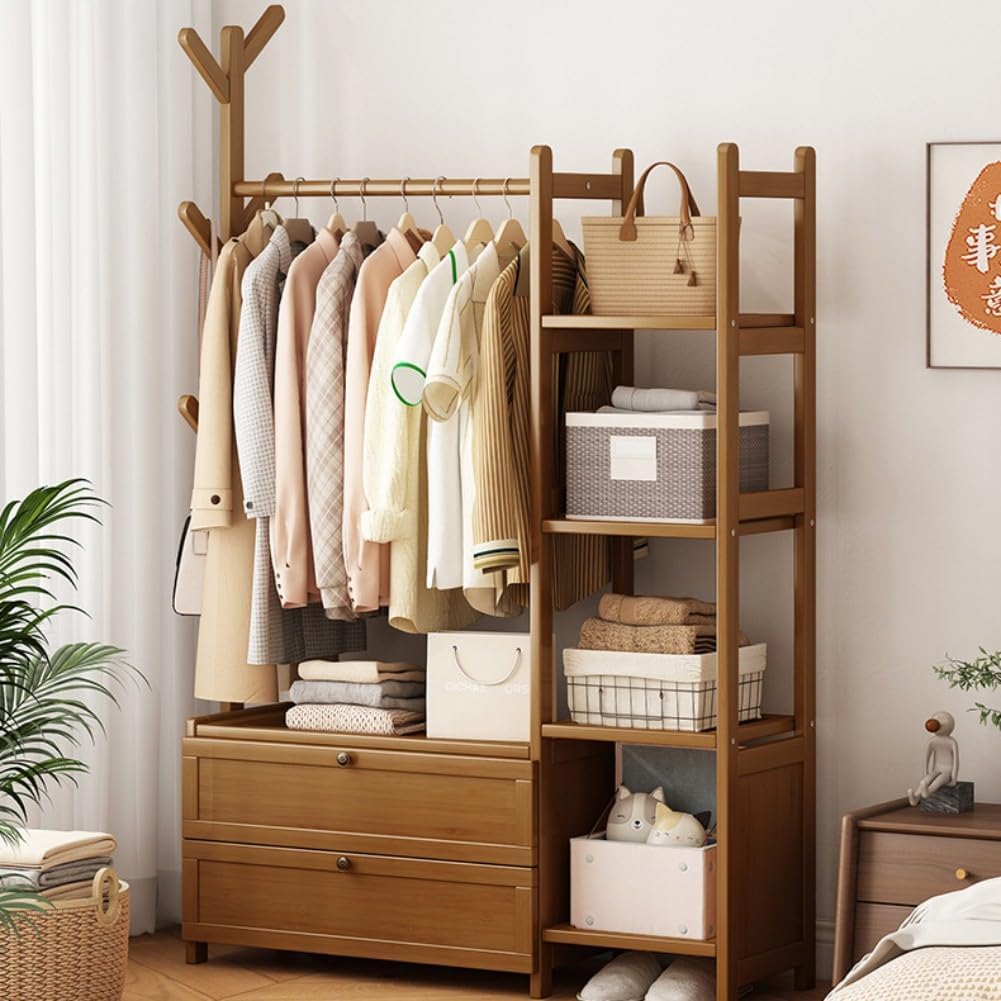 Open Wardrobe for Bedroom - Wooden Clothes Rail with Drawers, Free Standing Garment Rack, Style for Clothes Storage