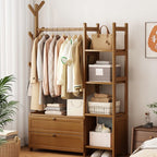 Open Wardrobe for Bedroom - Wooden Clothes Rail with Drawers, Free Standing Garment Rack, Style for Clothes Storage