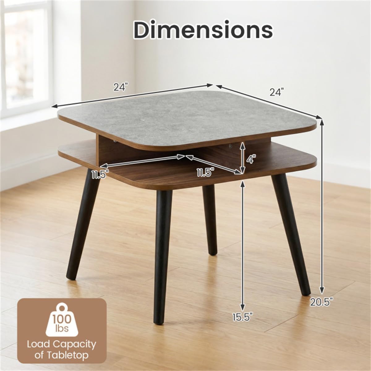 24" Square Faux Marble End Table with 4-Sided Storage Shelves | Nightstand with Rubber Wood Legs for Living Room, Bedroom | Heavy-Duty Side Table for Small Spaces