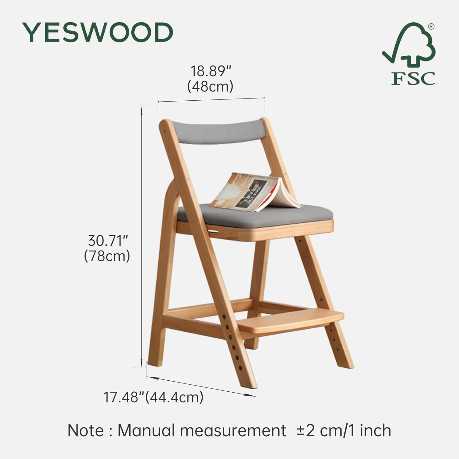 YESWOOD Solid Wood Kids Study Chair, Height Adjustable Chidren Student Chair with Removable Seat Cushion and Backrest, Wooden Chair for Home Office, Living Room, Bedroom, Study (Fabric Grey)