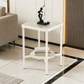 2-Tier Small End Table Side Table for Living Room, Boho Night Stand Square Nightstand with Tempered Glass Tabletop & Marble Storage Shelf, Accent Side Table for Small Spaces, Bedroom, Outdoor (White)