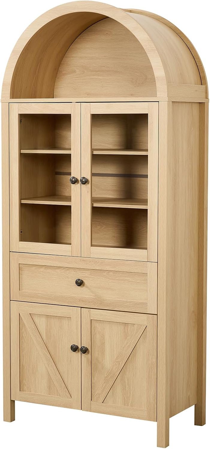 71.65"Tall Arched Kitchen Pantry Cabinet with Large Drawer, Farmhouse Kitchen Cabinet with Adjustable Shelves and Glass Doors, Wood Versatile Cupboard for Kitchens, Dining Room, or Study Room, Natural