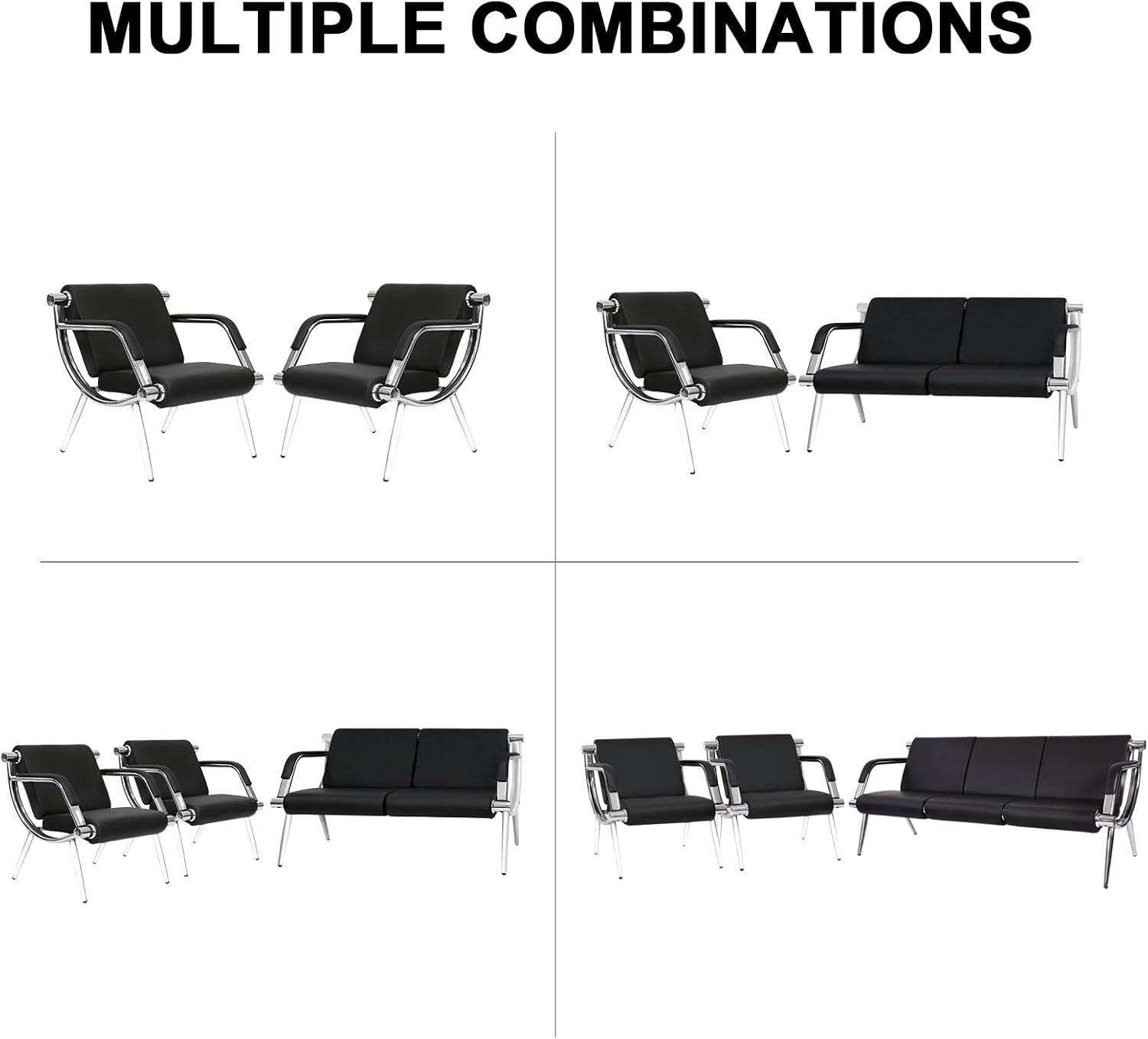 kinbor Waiting Room Chairs Office Bench - Black PU Leather Airport Seating Reception Chairs with Armrest for Waiting Room Office Bank Salon