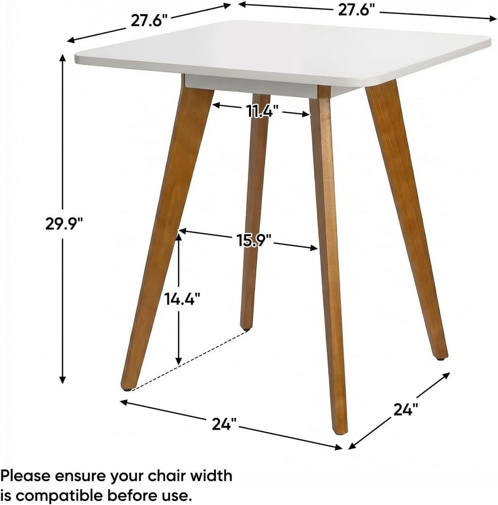 27.6" Small Dining Table for 2-4, White Square Kitchen Table with Solid Wood Legs Mid Century Modern Dining Table for Small Spaces, Dining-Room, Apartment, Farmhouse, Living Room