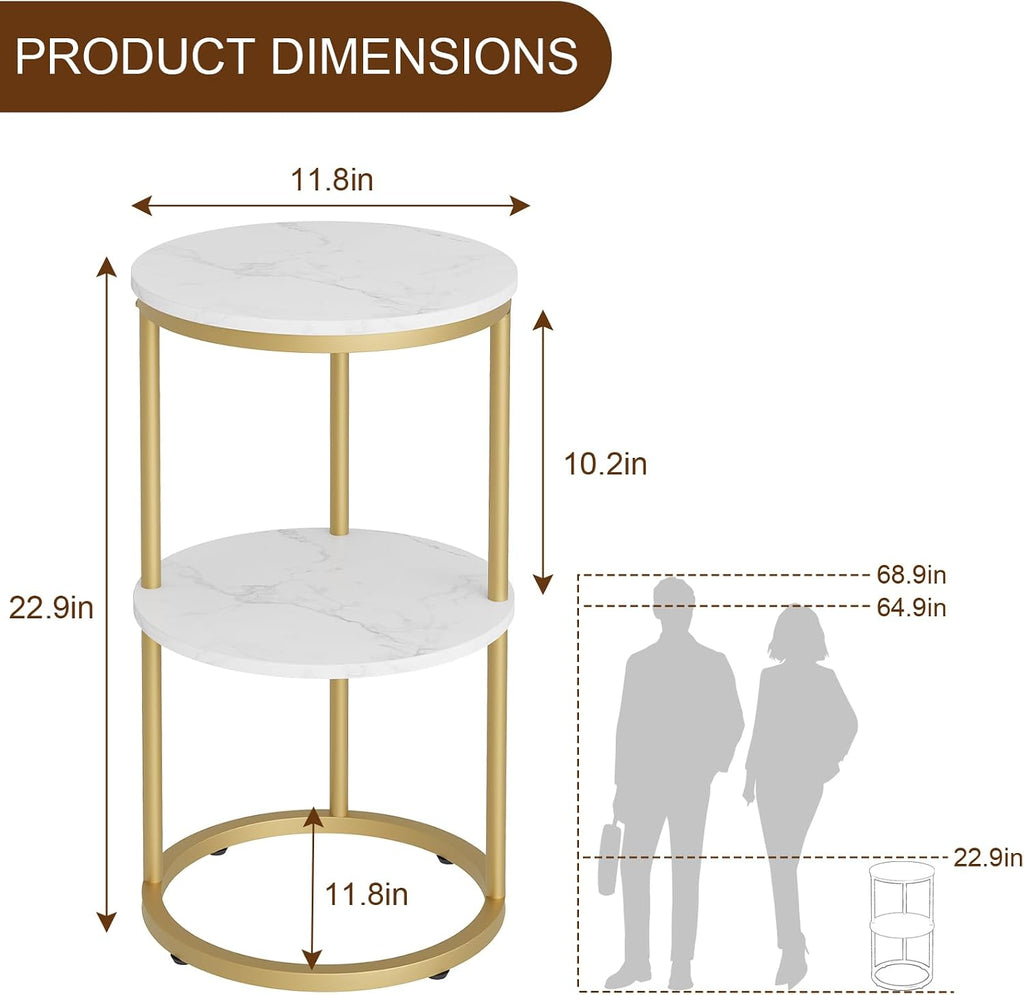 C Shaped end Table,2 Tier Wood Round Side Table for Couch,Small Sofa Table with Metal Frame for Bedroom,Living Room,Bedside,Gold(11.8" D x 11.8" W x 22.9" H)