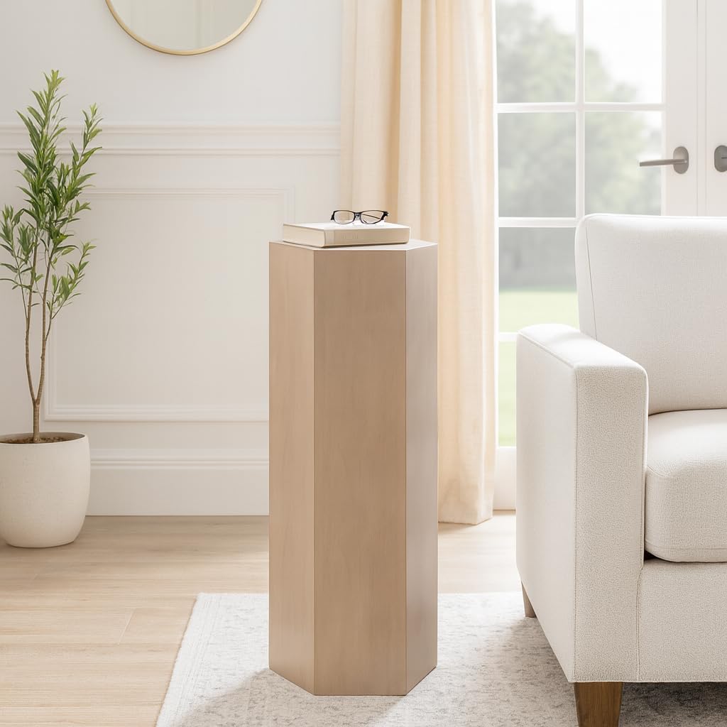 Wood Pedestal End and Side Table for Living Room Decor - Decorative Small Table Stand for Room, Bedroom, or Home Decor Drink Table - Versatile Night Stand or Bedside Table for Small Spaces - 36", Tan
