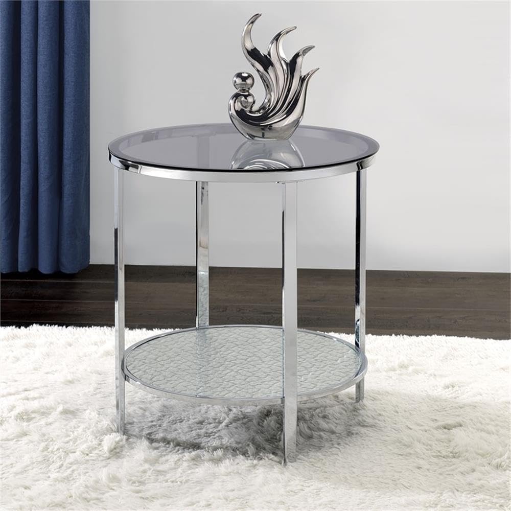 Pemberly Row Round Chrome and Tempered Glass End Table, Smoky Glass Top, Textured Mirrored Base, 22" W x 22" D x 24" H, Contemporary Style Side Table for Living Room or Bedroom Use