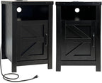 Farmhouse Nightstand Set of 2 with Charging Station, Modern Bedside Table with Barn Door and Shelf, Sofa Side Table End Table for Bedroom, Living Room, Black