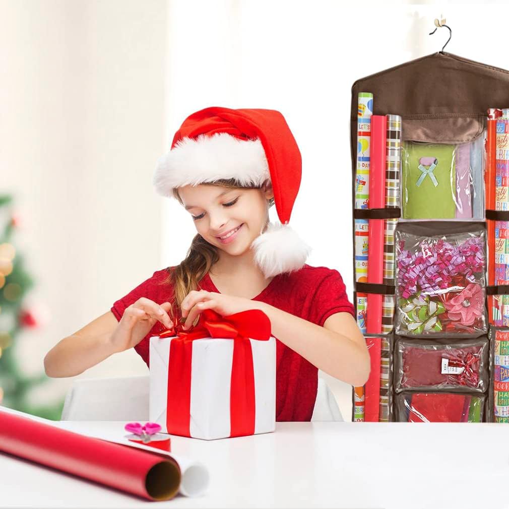 Hanging Gift Wrapping Paper Storage Organizer Bag, Double Sided Multiple Front & Back Pockets Organize Your Gift Wrap, Gift Bags Bows Ribbons 40"X17" Fits Long 40 Inch Rolls Clear PVC Bag (Brown)