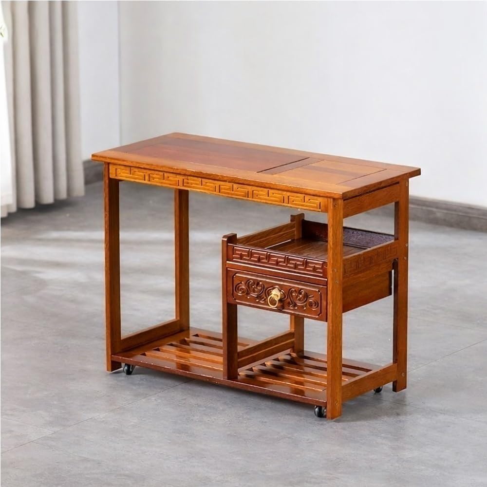 PedyrEda 2-in-1 Multi-Purpose Rolling Cart, Vintage Side Table with Wheels, Solid Wood Storage Cart with Drawers, Rotatable End Table for Living Room, Bedroom, Office(52cm/20.5in)