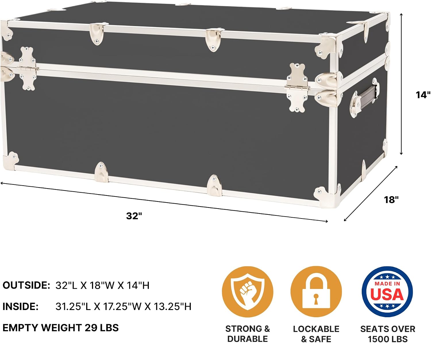 Rhino Trunk & Case Large Armor Camp Trunk with Removeable Wheels - Secure Dorm Storage Chest, Ideal Summer Camper Footlocker, Strong College Trunks - Seats 1000+ Pounds - 32"x18"x14" (Slate)