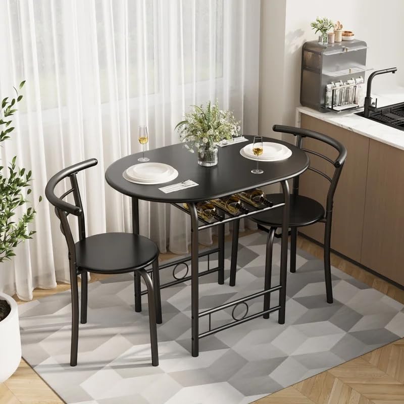 Shahoo 3-Piece Wooden Dining Table Set, Kitchen Breakfast Nook Sets with 2 Chairs & Round Tabletop, Space Saving Furniture Metal Frame and Built-in Wine Rack, Black
