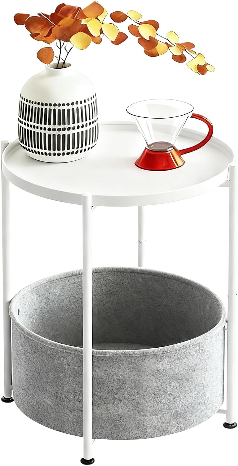 Small Round Side Table with Felt Storage Basket, Metal End Table with Removable Tray and Adjustable Feet, Accent Table for Nursery, Bedroom, Living Room, Laundry Room, White