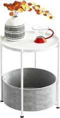 Small Round Side Table with Felt Storage Basket, Metal End Table with Removable Tray and Adjustable Feet, Accent Table for Nursery, Bedroom, Living Room, Laundry Room, White