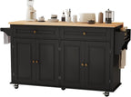 67 Kitchen Island Cart with Drop Leaf Breakfast Bar, Rolling Mobile Kitchen Island Table on Wheels with Storage Cabinet, Drawer, Spice/Towel Rack, Black