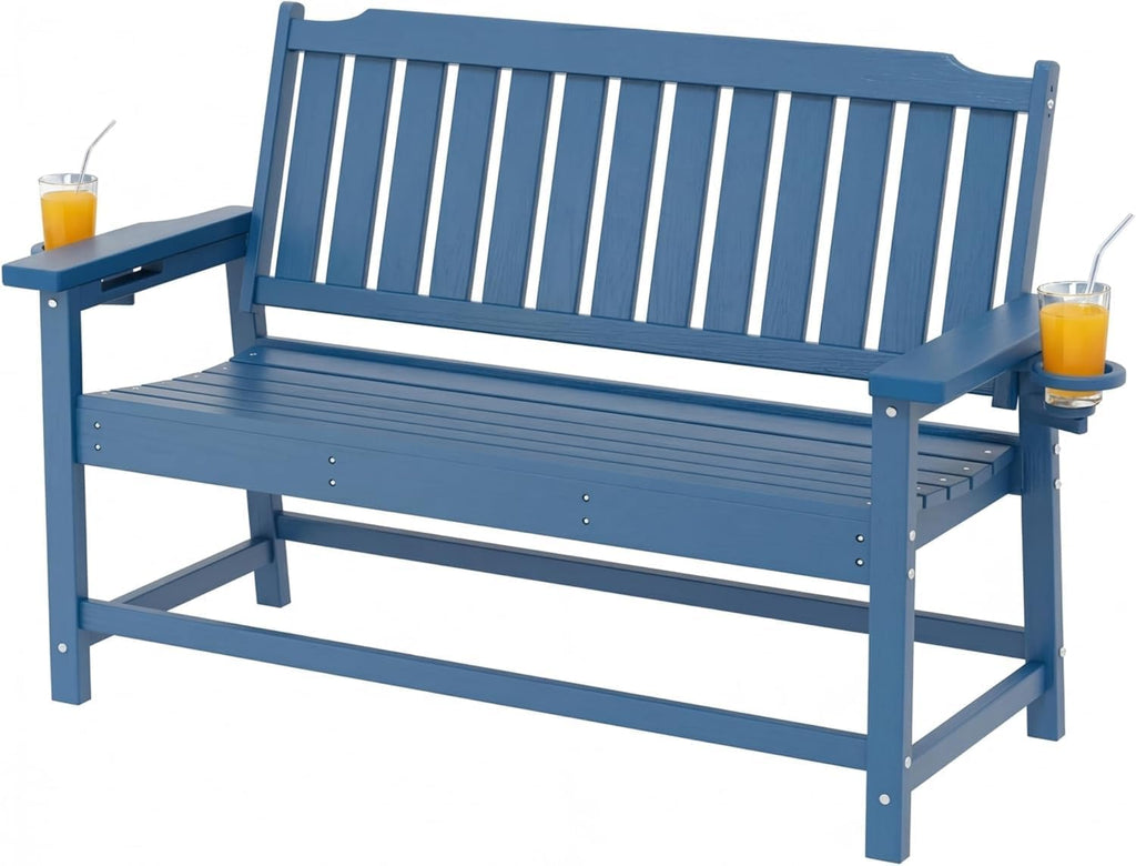Outdoor Bench with Cup Holder Weatherproof HDPE Fade Resistant Garden Bench 660 lbs Bearing 2-Seat Front Porch Furniture for Patio, Backyard (Blue)