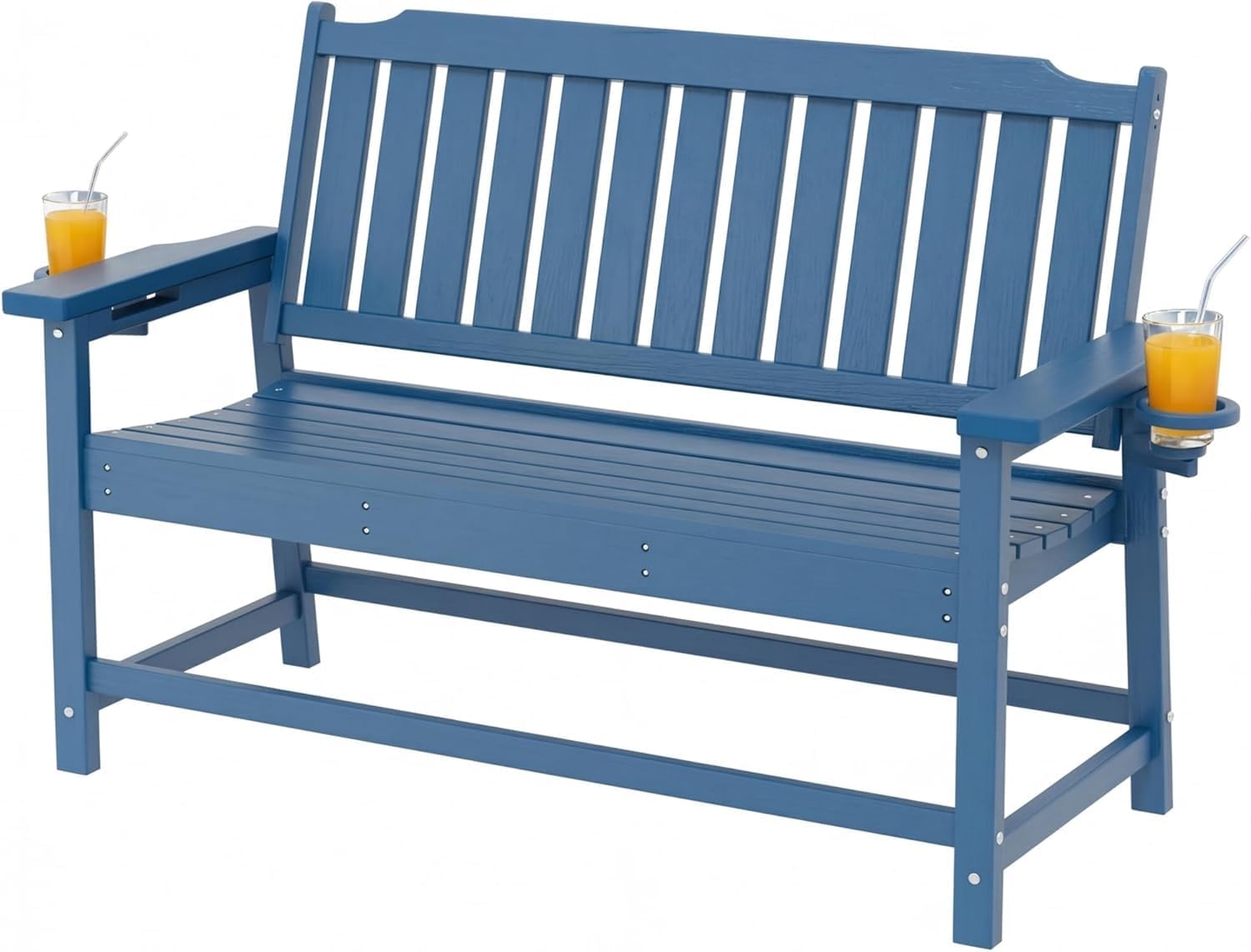 Outdoor Bench with Cup Holder Weatherproof HDPE Fade Resistant Garden Bench 660 lbs Bearing 2-Seat Front Porch Furniture for Patio, Backyard (Blue)