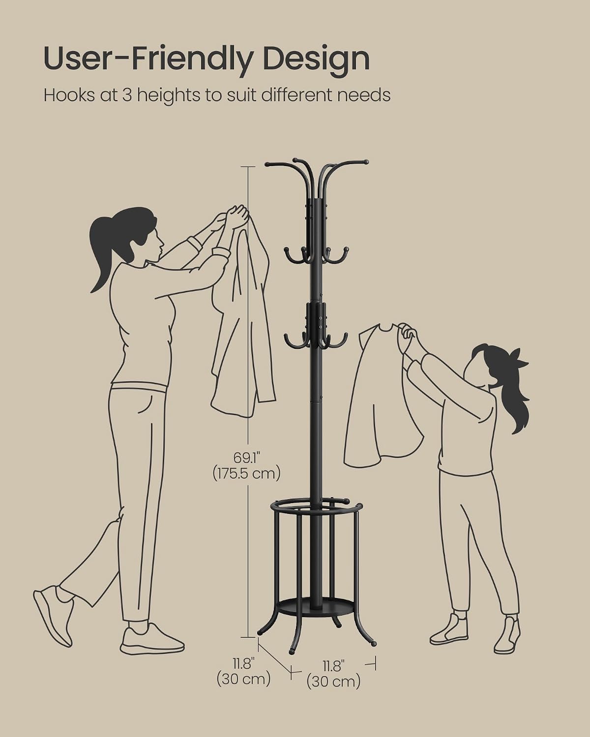 SONGMICS Coat Rack Freestanding Metal Coat Rack Stand with 12 Hooks | Coat Rack with Umbrella Holder, Ink Black, URCR011B01V1