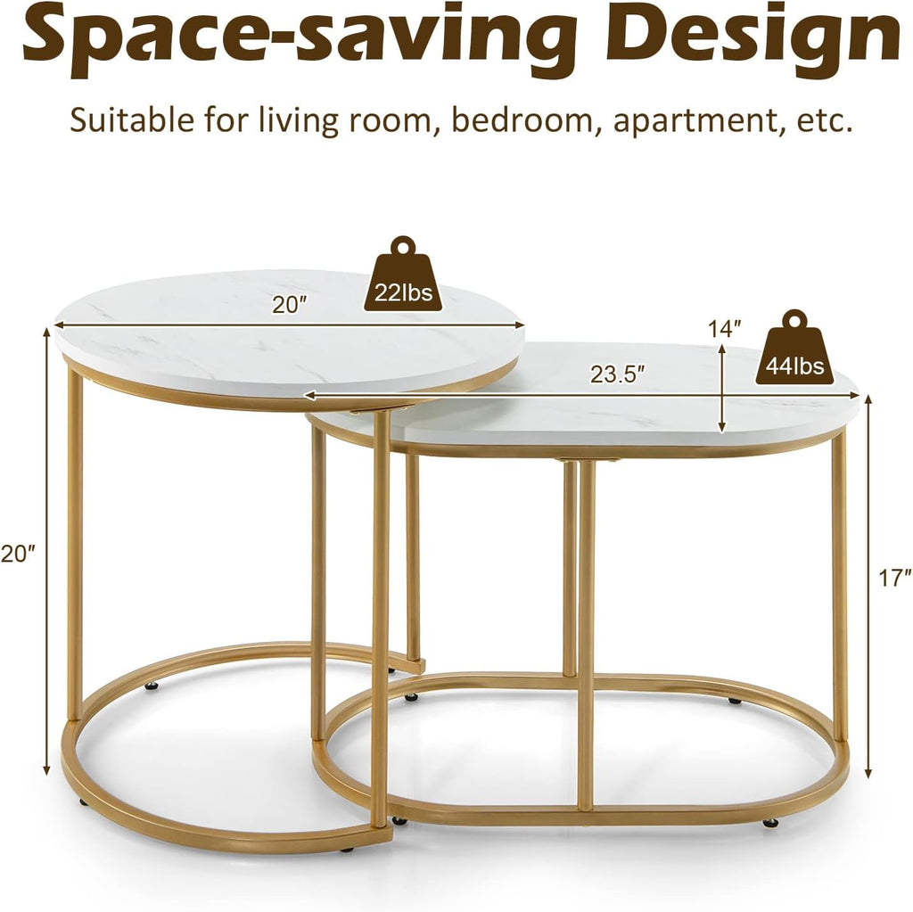 Giantex Modern Nesting Coffee Table Set of 2, Coffee Table & End Table Sets, Golden Steel Frame, Easy Assembly, Accent Marble-Look Stacking Side Table for Living Room Bedroom Apartment (Gold)