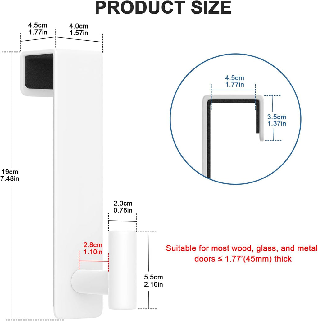 PMMASTO 2-Pack Over The Door Hooks - Rustproof Stainless Steel Door Hangers for 1-3/4 Inch Doors, Non-Marking and Tool-Free Easy Install (White, T Shape-Fits 1-3/4" Thick Door)