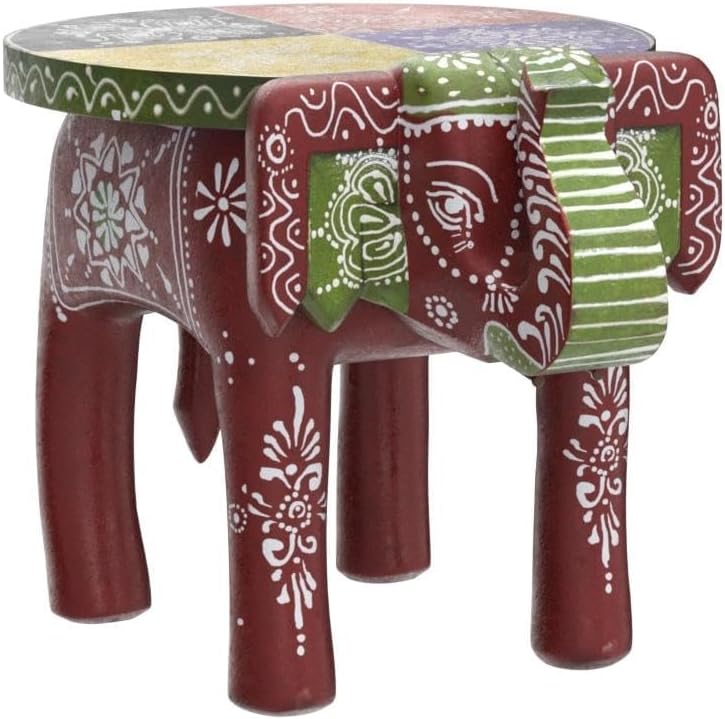 Handcrafted and Hand-Painted Colorful Wooden Elephant Decorative Showpiece Stool/Side Table for Home/Office/Living or Bedroom Decor (Maroon)