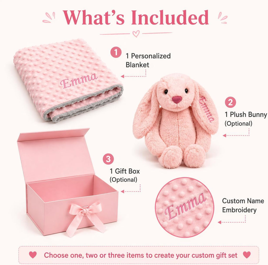 Terwex Personalized Baby Blanket & Plush Bunny Set, Custom Baby Blankets for Girls Boys with Name, Customized 2-in-1 Dot Receiving Swaddle & Rabbit Set, Toddler Infant Gifts for Baby Shower Birthday