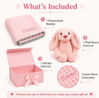 Terwex Personalized Baby Blanket & Plush Bunny Set, Custom Baby Blankets for Girls Boys with Name, Customized 2-in-1 Dot Receiving Swaddle & Rabbit Set, Toddler Infant Gifts for Baby Shower Birthday
