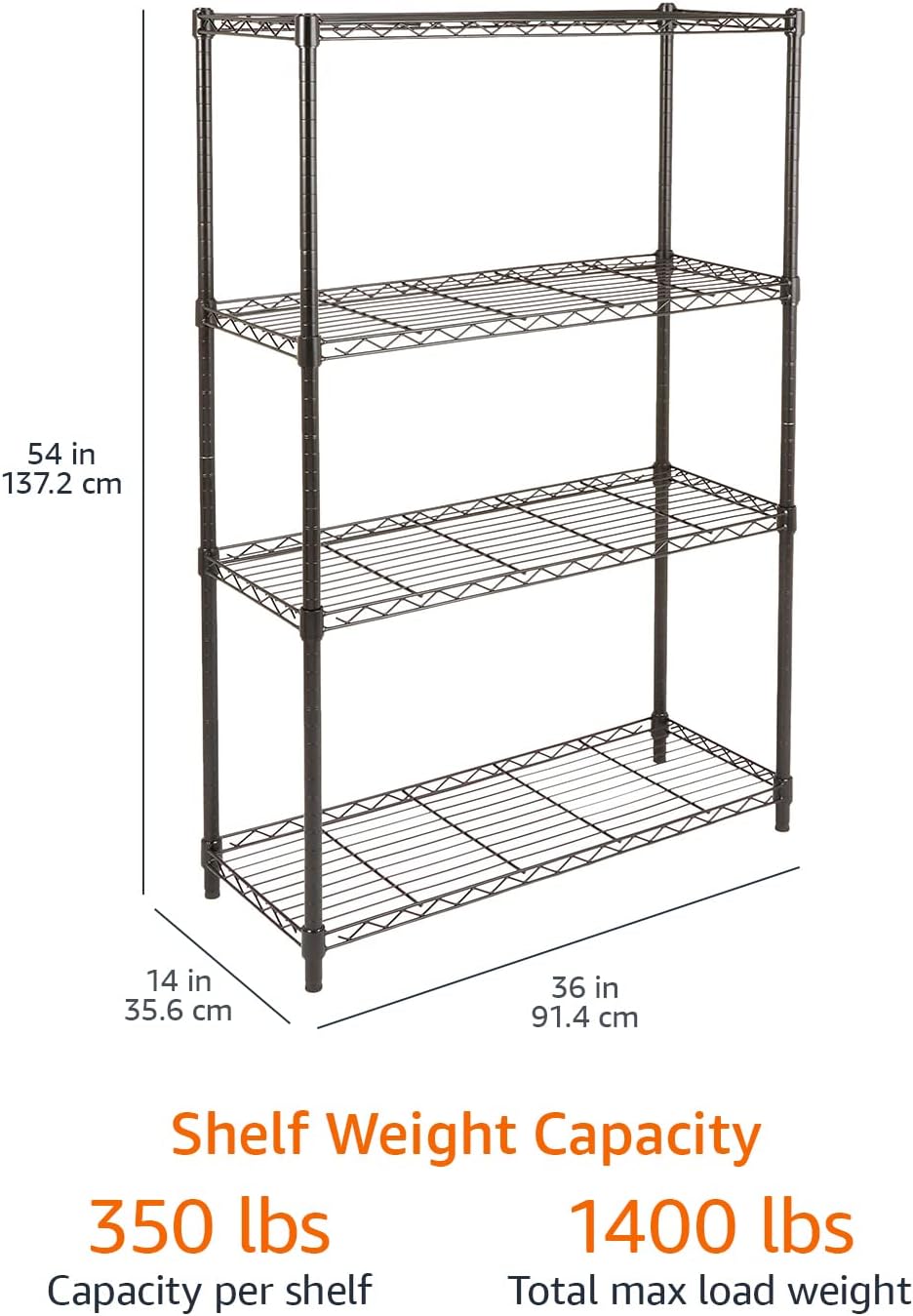 Amazon Basics 4-Shelf Adjustable Heavy Duty Steel Wire Rack Storage Shelving, Sturdy Garage Shelving, 350 lbs Capacity Per Shelf, Easy No-Tool Assembly, 36" x 14" x 54", Black