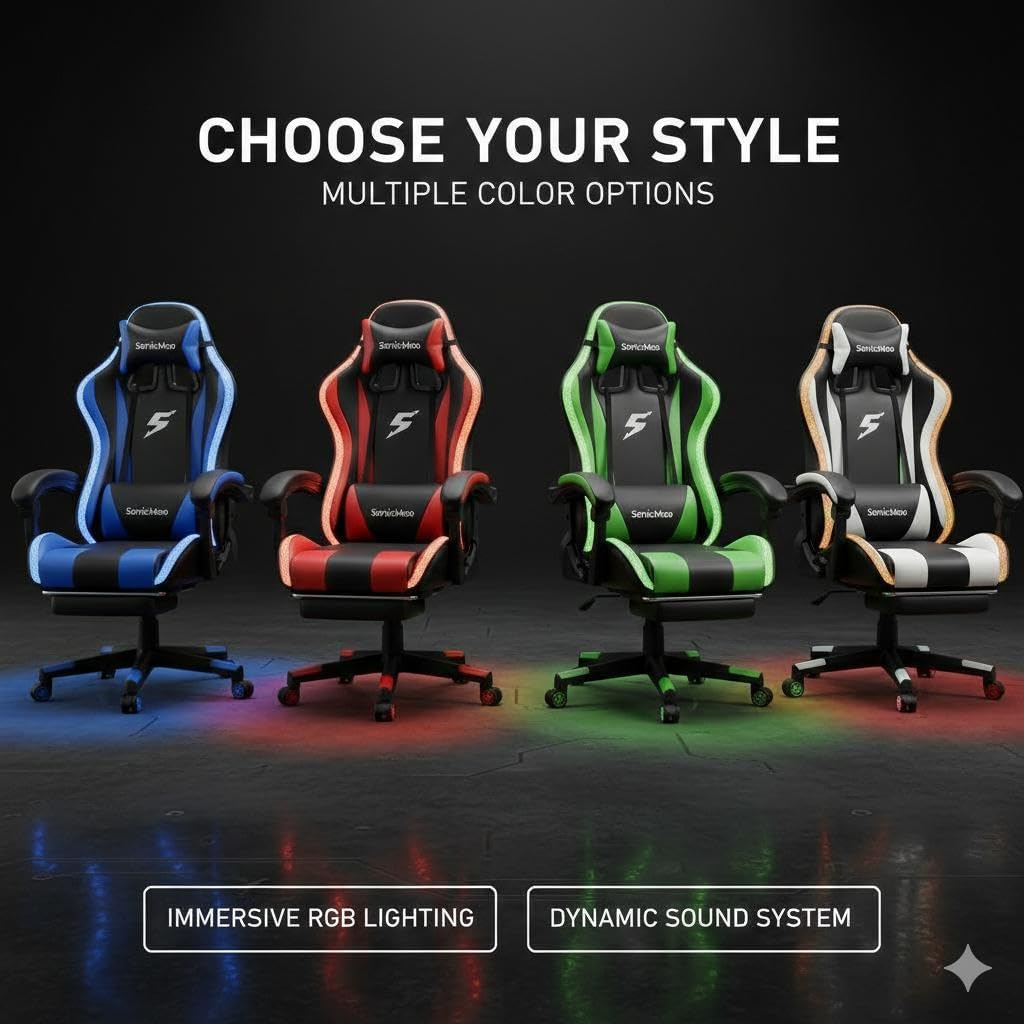 Gaming Chair with RGB LED Lights, Footrest, Lumbar Support & Headrest - High Back Reclining Swivel Computer Chair with Canopy (Blue)
