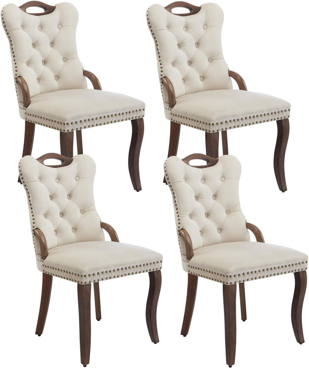 Shenyon Beige Velvet Dining Chairs Set of 4，Modern Upholstered Dining Room Chairs with Tufted Back and Wood Accents, Curved Solid Wood Legs & Nailhead Trim, Sillas De Comedor Modernas 4