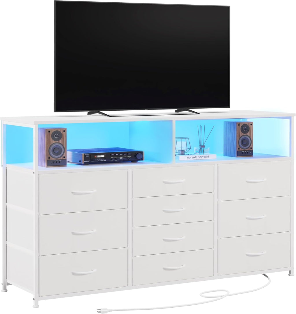 Unionly 55" W 10 Drawers Dresser with LED,Dresser tv Stand for Bedroom | TV stand dresser with LED light,charging station for 55,65 inch TV,Fabric Drawers Dresser with Open shelves for living room