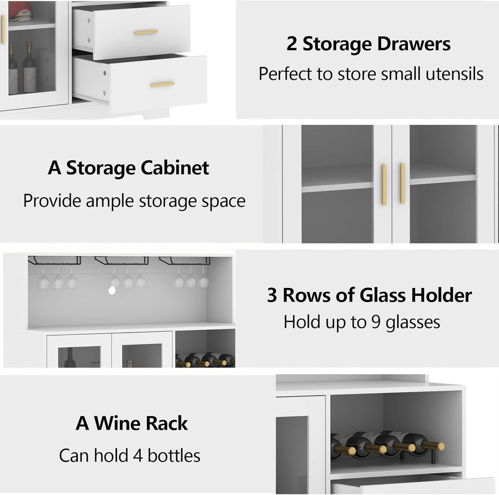 Bar Cabinet for Home with LED Light, Coffee Bar Cabinet with Wine & Glass Rack, Wine Cabinets with Storage Cabinet &Drawers, Modern Liquor Cabinets for Kitchen, Living Room, Dining Room (White)