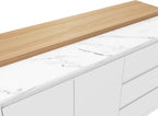 82.7" Large Bar Table Kitchen Station, Home Bar Unit with Lighting, 3 Drawers & 4 Shelves, Bar Cabinets Reception Desk for Home Pub Kitchen Storage, White & Marble Pattern