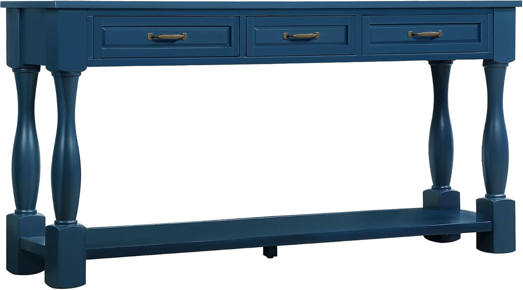Merax Console Table with 4 Drawers, Retro Entryway Table with Open Storage Shelf for Entryway, Wood Side Table with Thick Legs for Living Room Bedroom, Navy Blue