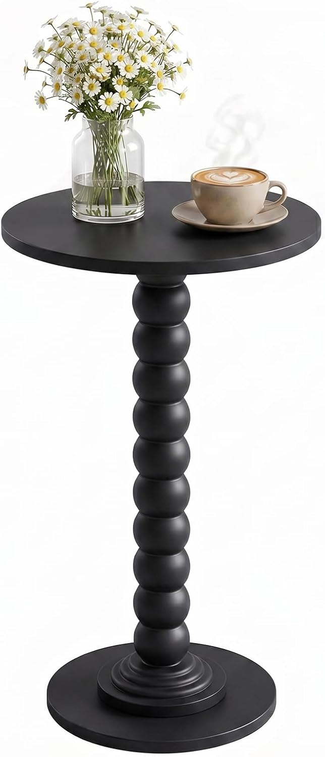 Round Side Table for Small Spaces, Modern Pedestal End Table with Solid Wood Spindle Leg, Small Drink Table Accent Nightstand for Living Room, Bedroom, Sofa Side, Apartment & Office, Black