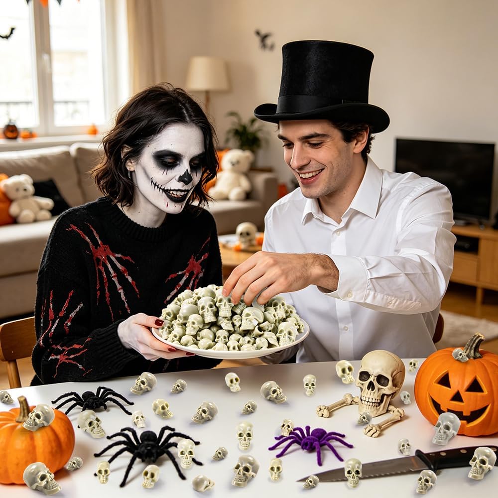 Vellibring 150 PCS Halloween Mini Skull Heads Decoration, Plastic Miniature Decorative Skulls Halloween DIY Resin Skeleton Head Figurines for Halloween Vase Filler Trick Party Table Decor