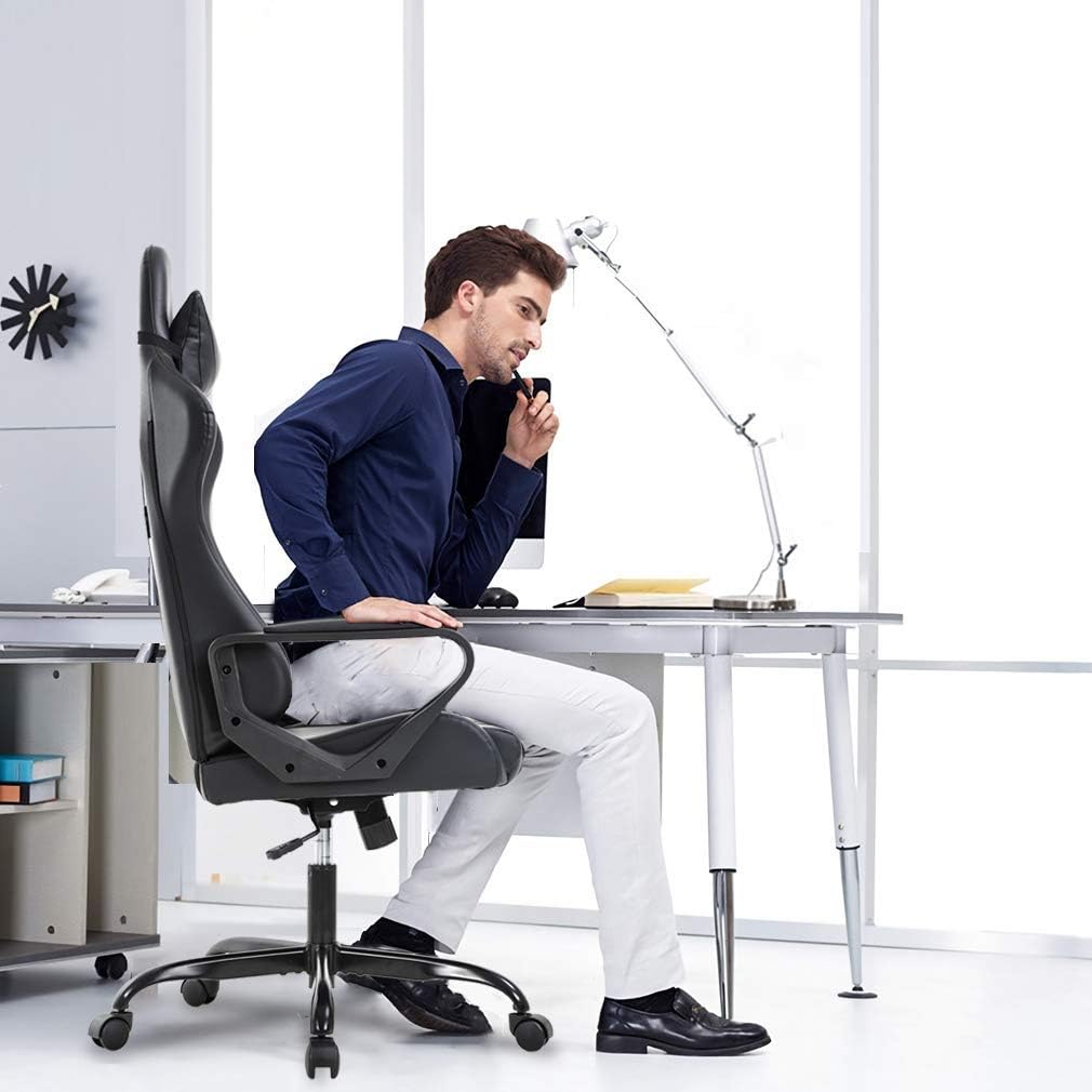 High Back Gaming Chair Ergonomic Racing Heavy Duty Office Chair Pc Video Game Chair, Lumbar Support with Arms & Headrest Chic Racing Style Desk Chair, Swivel Adjustable Best Home Office Chair - Black