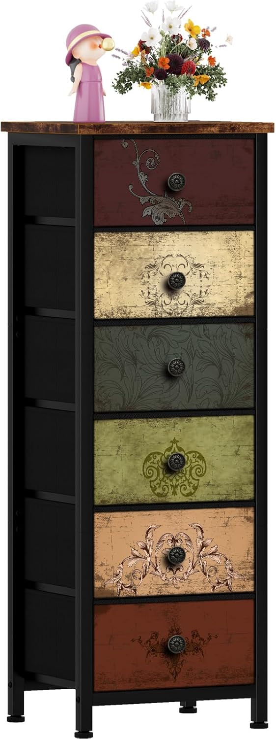 VASICAR Tall Dresser with 6 Drawers, Pattern Storage Drawer Units, Storage Tower Units, Fabric Dresser Nightstand for Bedroom, Hallway, Entryway, Closets, Dorm