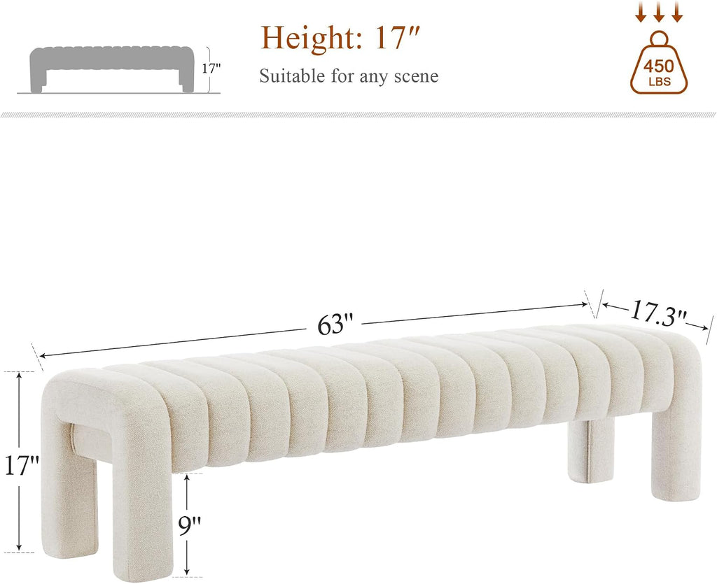 63’’ Bedroom Bench, Upholstered End of Bed Bench with Solid Wood Legs, Modern Cushioned Dining Bench with Full Covered Fabrics for Entryway, Bedroom, Living Room (Beige, Linen)