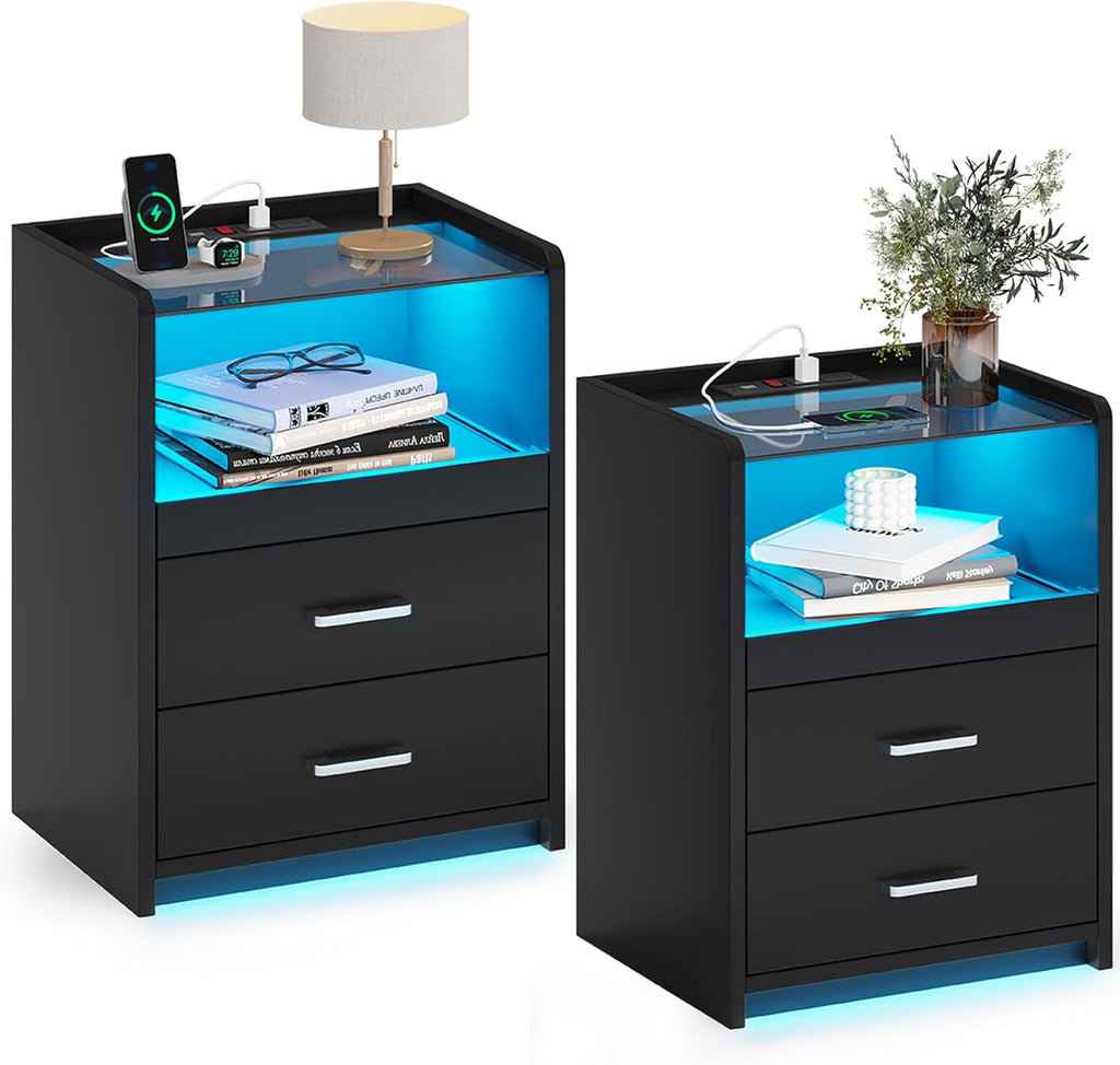 AOGLLATI LED Nightstands Set of 2 with Charging Stationand Glass Top | Black Night Stand with 2 Drawers, Bedside Table with Pull-Out Shelf, Modern End Side Tables with USB Ports Outlets