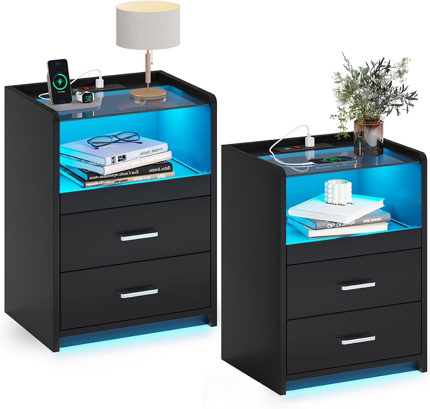 AOGLLATI LED Nightstands Set of 2 with Charging Stationand Glass Top | Black Night Stand with 2 Drawers, Bedside Table with Pull-Out Shelf, Modern End Side Tables with USB Ports Outlets