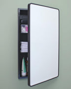 16x26 Austin Farmhouse Metal Framed Rounded Rectangle Recessed Bathroom Medicine Cabinet, Beveled Mirror, 14x24 in-Wall Opening, powder-coated Steel, Adjustable Glass Shelves, Magnet Close, Black
